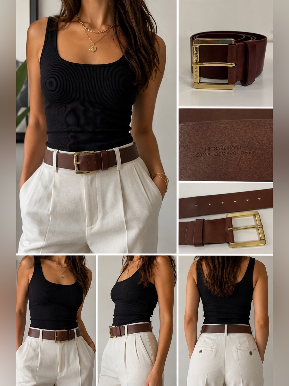 Michael Kors Wide Brown Leather Belt Gold Buckle Women’s XS Minimalist
